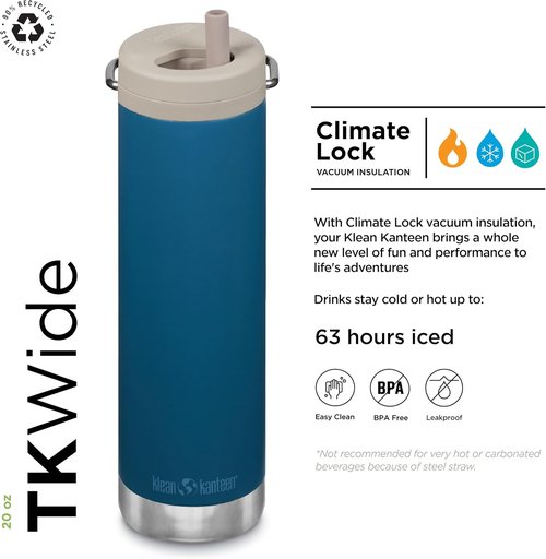 Klean Kanteen 20oz TKWide Insulated Water Bottle - Durable Twist Cap in Corsair Color