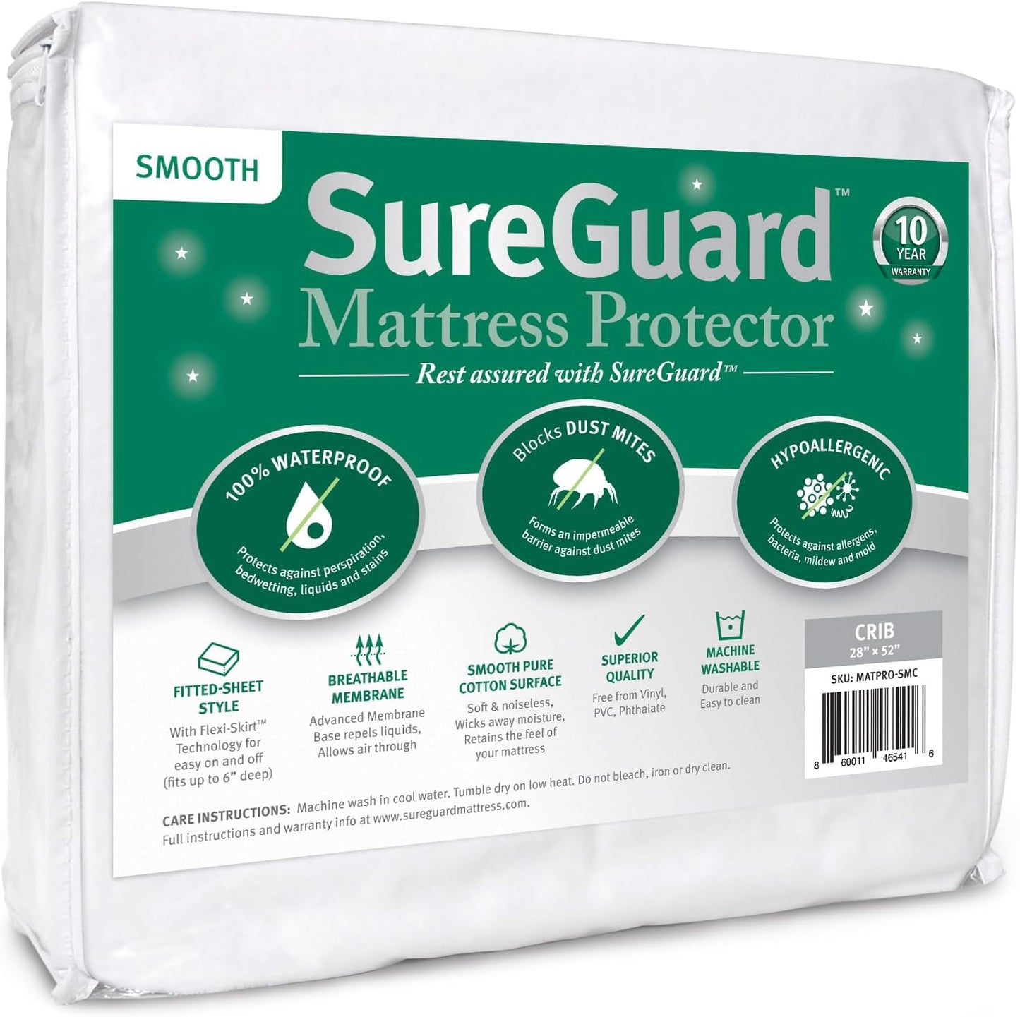 SureGuard Crib Mattress Protector - 100% Waterproof & Hypoallergenic - Premium Fitted Cotton Cover, White