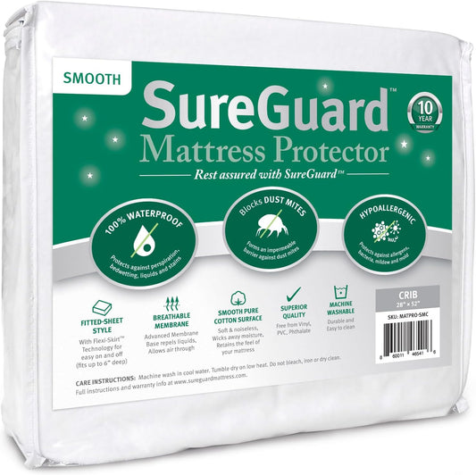 SureGuard Crib Mattress Protector - 100% Waterproof & Hypoallergenic - Premium Fitted Cotton Cover, White