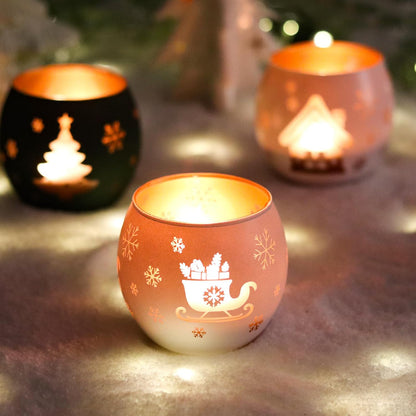 Skiennix Christmas Candle Holders - Set of 4 Frosted Glass Tealight Votives with Holiday Designs | Red, Green, White