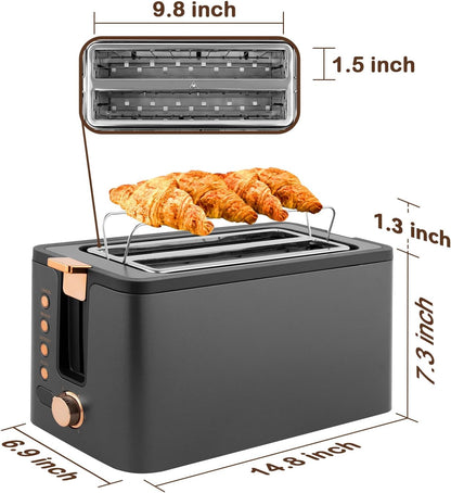 Mecity 4-Slice Long Slot Toaster - Stainless Steel with Warming Rack & 6 Browning Settings | Grey