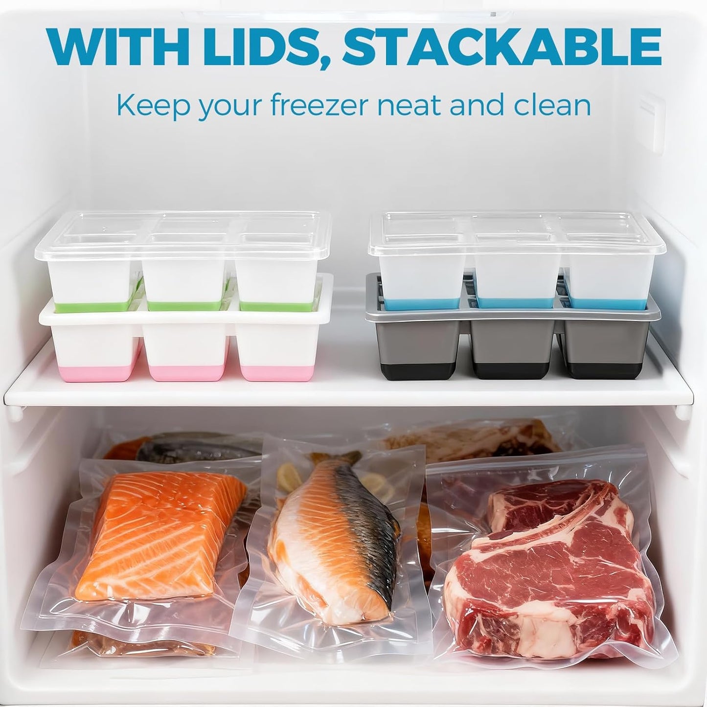Skiennix Large Ice Cube Trays - Easy Release 2.4" Big Ice Cubes | Stackable Silicone Molds, BPA Free