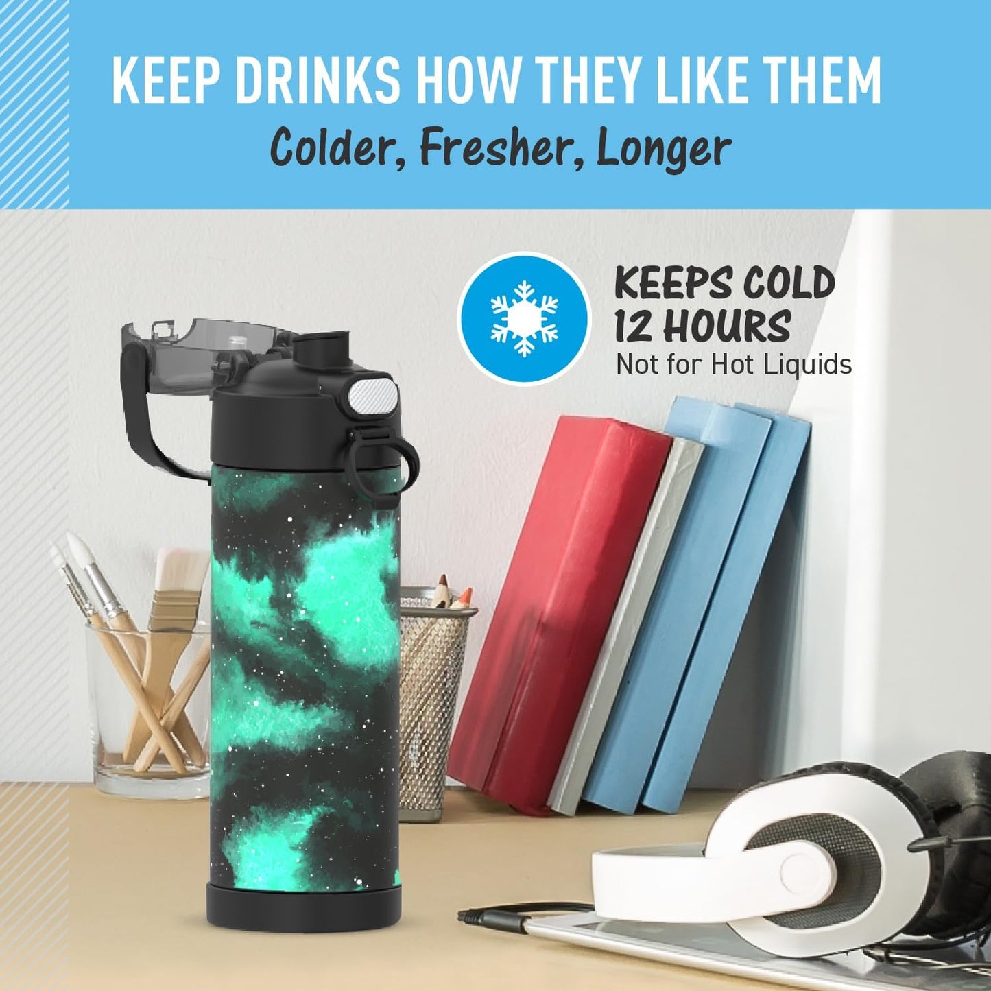 THERMOS FUNTAINER 16 Ounce Stainless Steel Vacuum Insulated Bottle - Galaxy Green with Wide Spout Lid