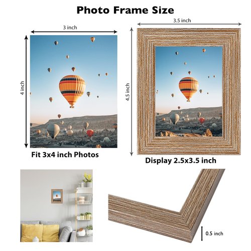 JCJMY 3x4 Picture Frame Black for Tabletop or Wall, 3 x 4 Wall Gallery Poster Photo Frame with Shatter Resistant Plexiglass, Rustic Brown