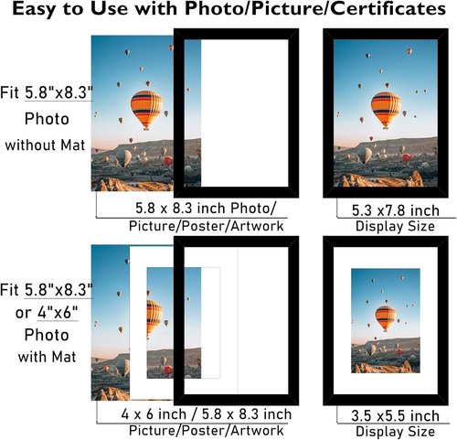 JCJMY A5 Picture Frame - Black Wall Hanging & Tabletop Display | Fits 4x6 Photo with Mat or 5.8x8.3 Without