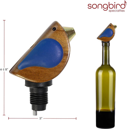 Songbird Specialties Wine Bottle Pourer, Fun Wine Pourer Spout Sings While It Pours, Airtight Wine Bottle Sealer, Acacia Wood with Blue Wings
