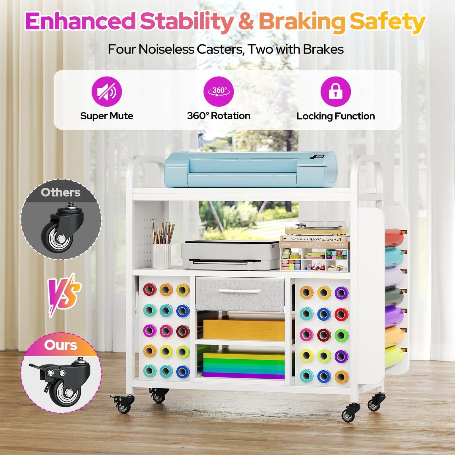 Skiennix Craft Organization Cart - Rolling Storage Table with Vinyl Roll Holder & Drawer | Large, Versatile Design