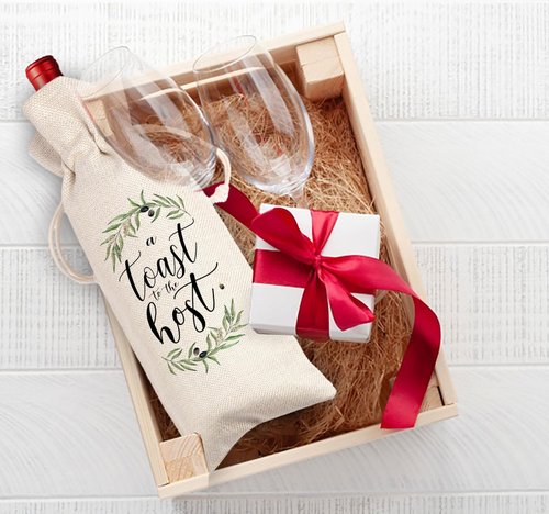 A Toast For the Host Wine Bag, Housewarming, Party Decor, Bridal Shower, Gift for Her, Hostess, Wedding, Girls Night, Holiday, Thank you Gift (Beige, 13.5 x 5.5Inches)