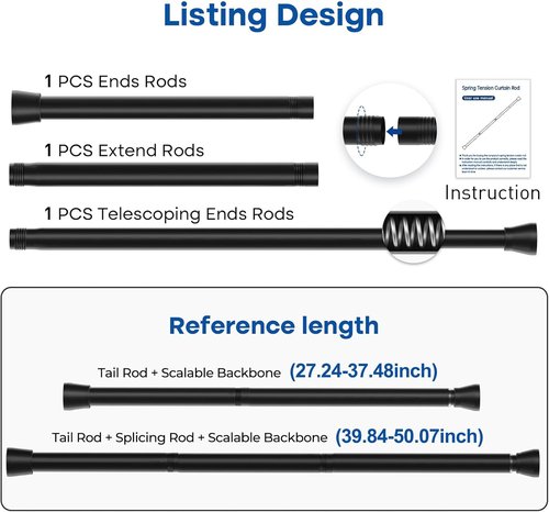 Black Tension Curtain Rod - Adjustable 28 to 48 Inch No-Drill Design for Windows & Bathrooms
