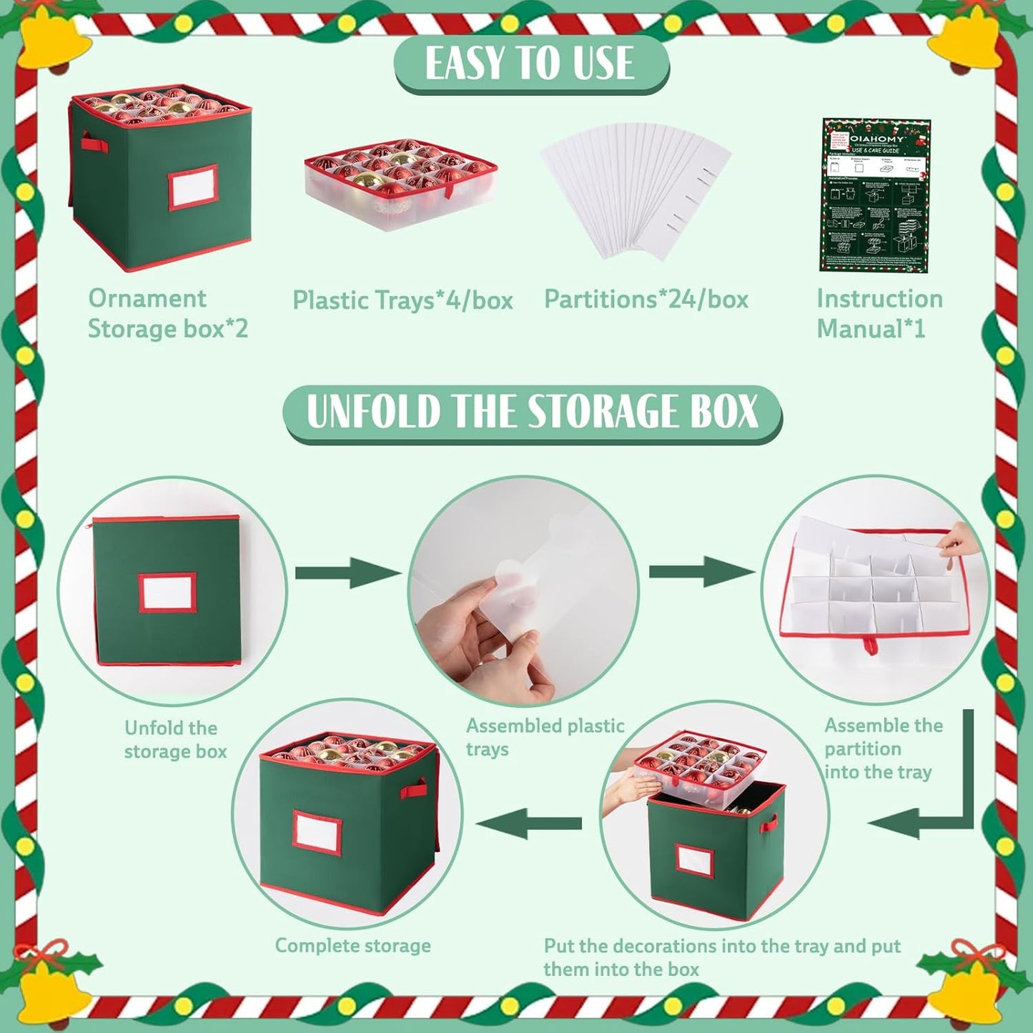 OIAHOMY Ornament Storage Box - 2 Pack Holds 64 Balls Each, Durable 600D Oxford Fabric - Green with Trays