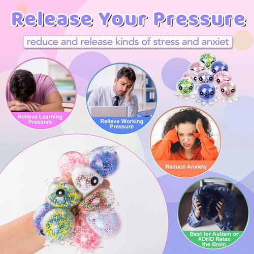 Fidget Stress Balls - 12 Pack Cute Octopus Squeeze Balls for Adults | Stress Relief & Party Favors