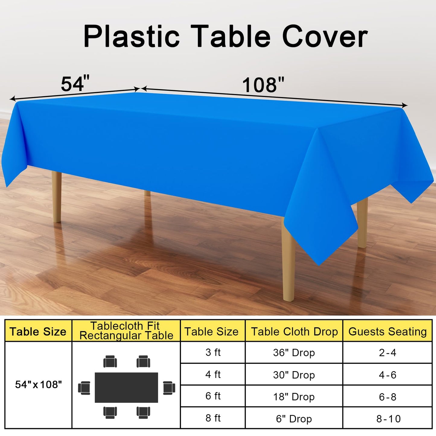 smiry Disposable Table Cloth 6 Pack, 54 x 108 Inch Table Cloths for Parties, Decorative Tablecloths for Rectangle Tables, Waterproof Plastic Table Cover, Leakproof & Sturdy, Blue