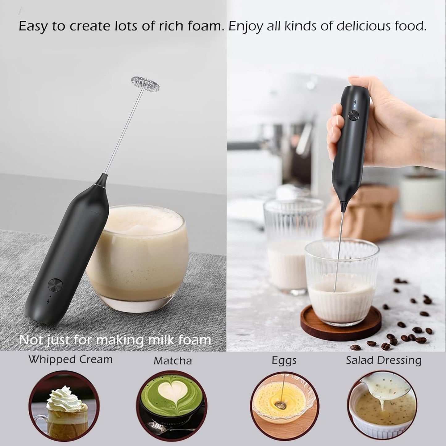 Skiennix Rechargeable Milk Frother Wand - Handheld Electric Whisk for Coffee, Lattes & Cappuccinos | USB-C Foam Maker