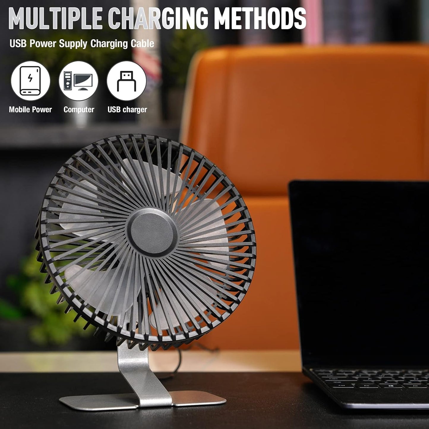 SLENPET USB Small Desk Fan - 6 Inch, Ultra-Quiet, 4 Speeds, 90° Adjustable, Portable Metal Base - Silver