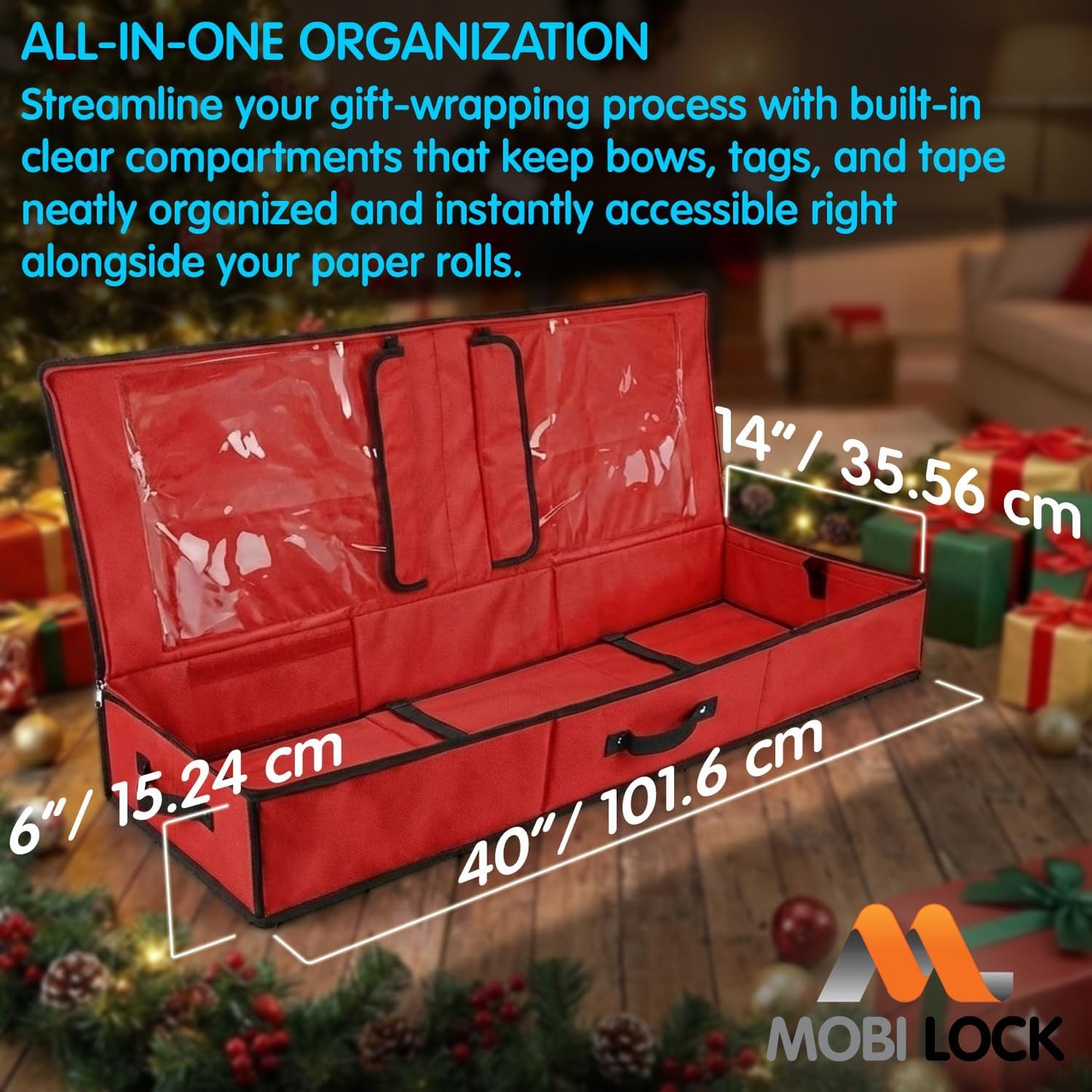 Mobi Lock Wrapping Paper Storage Box - Durable Red Organizer with Zipper & Pockets | Holds 24-30 Rolls