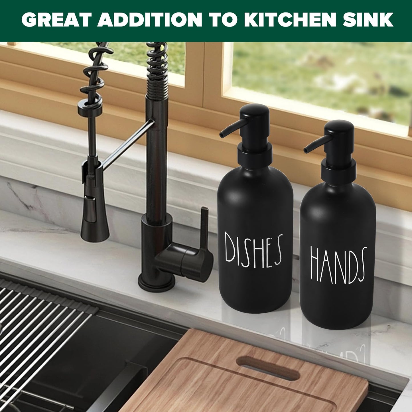 VIMERPA Hand and Dish Soap Dispenser Set, Matte Black Hands Dishes Soap Dispenser Set for Kitchen, 2 Pack Glass Soap Dispensers Set with Plastic Pump, 17 Fl Oz Refillable Liquid Soap Bottles