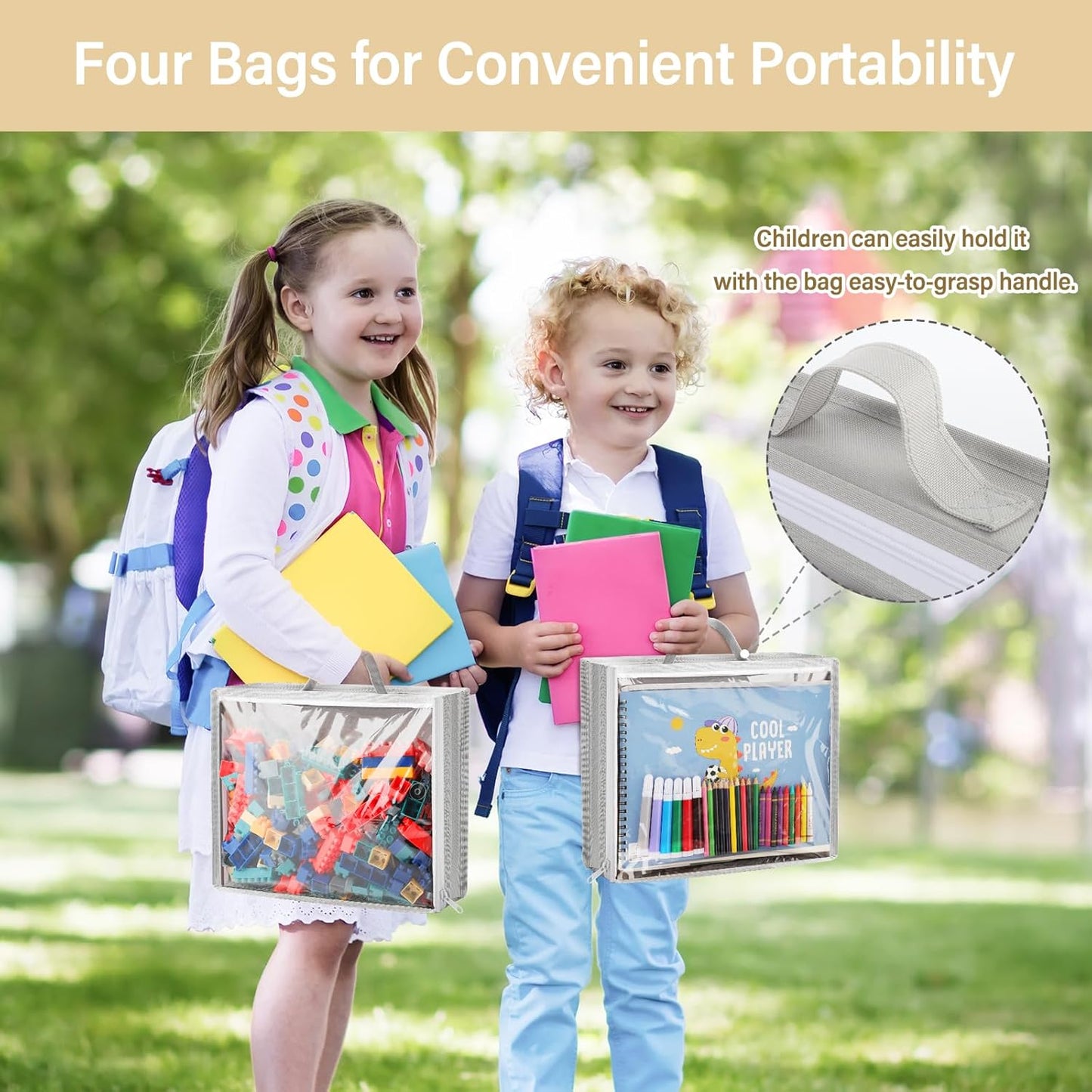 Woodoulogy Hanging Toy Storage - Over Door Stuffed Animal Organizer with 4 Removable Bags & Mesh Pocket