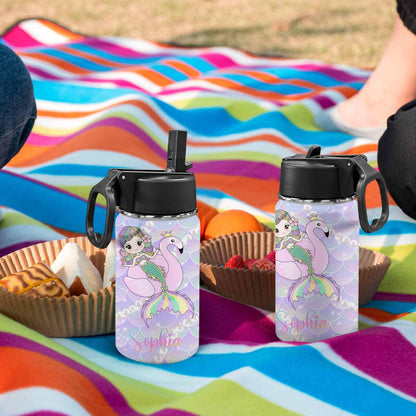 Personalized Kids Water Bottle with Straw Custom Mermaid Rainbow Fish Scales Water Cup with Kids Name Customized Mermaid Water Bottle Gift for Girls Daughter Granddaughter Child School Birthday 12oz