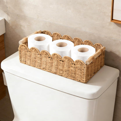 Regine Switzerland Set of 2 Paper Rope Baskets - Scalloped Edge Storage for Bathroom & Living Room | Neutral Color with Wooden Handles