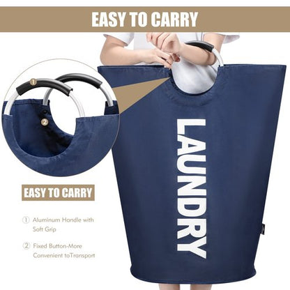 DOKEHOM 95L Large Laundry Basket, Collapsible Laundry Bag, Freestanding Tall Clothes Hamper, Foldable Washing Bin (Dark Blue)