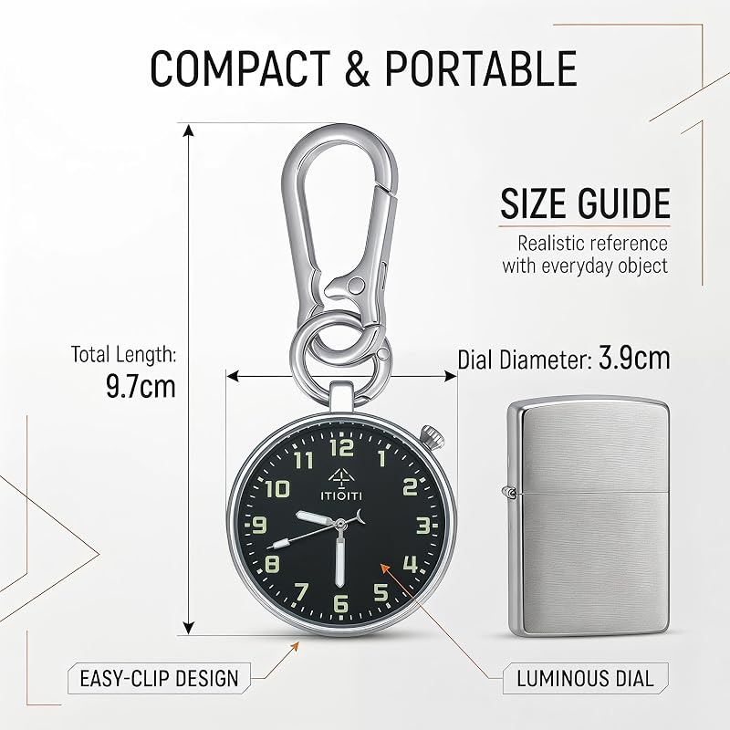Clip On Pocket Watch with Luminous Dial, Carabiner Clip - Silver Case, Black Dial (1.54 in) - ITIOITI