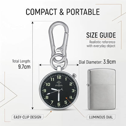 Clip On Pocket Watch with Luminous Dial, Carabiner Clip - Silver Case, Black Dial (1.54 in) - ITIOITI