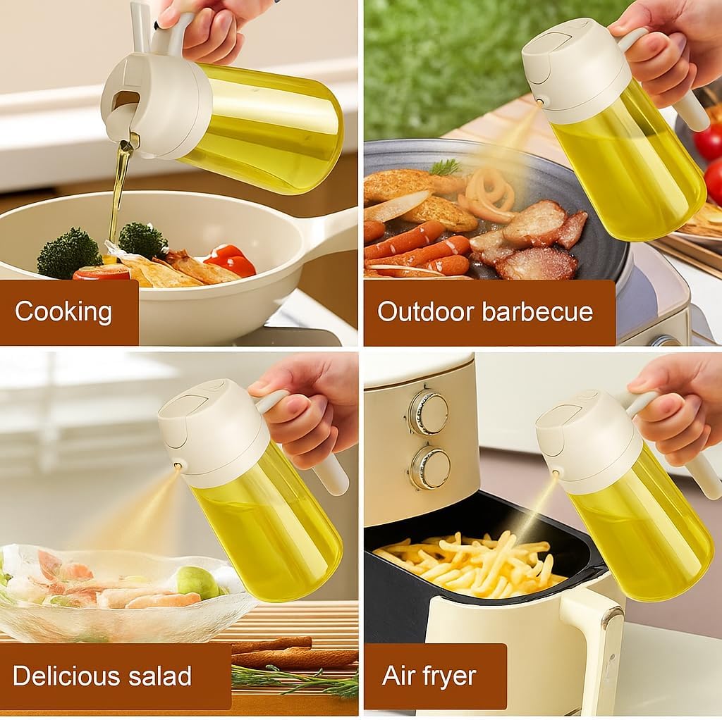 Skiennix 2-in-1 Olive Oil Sprayer & Dispenser - 470ml Glass Bottle for Cooking, BBQ & Salad (White)