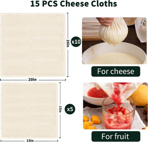Grade 100 Cheesecloth - Precut Unbleached Cotton Straining Cloths | 15 Pack, Reusable, 56 x 42 Weave