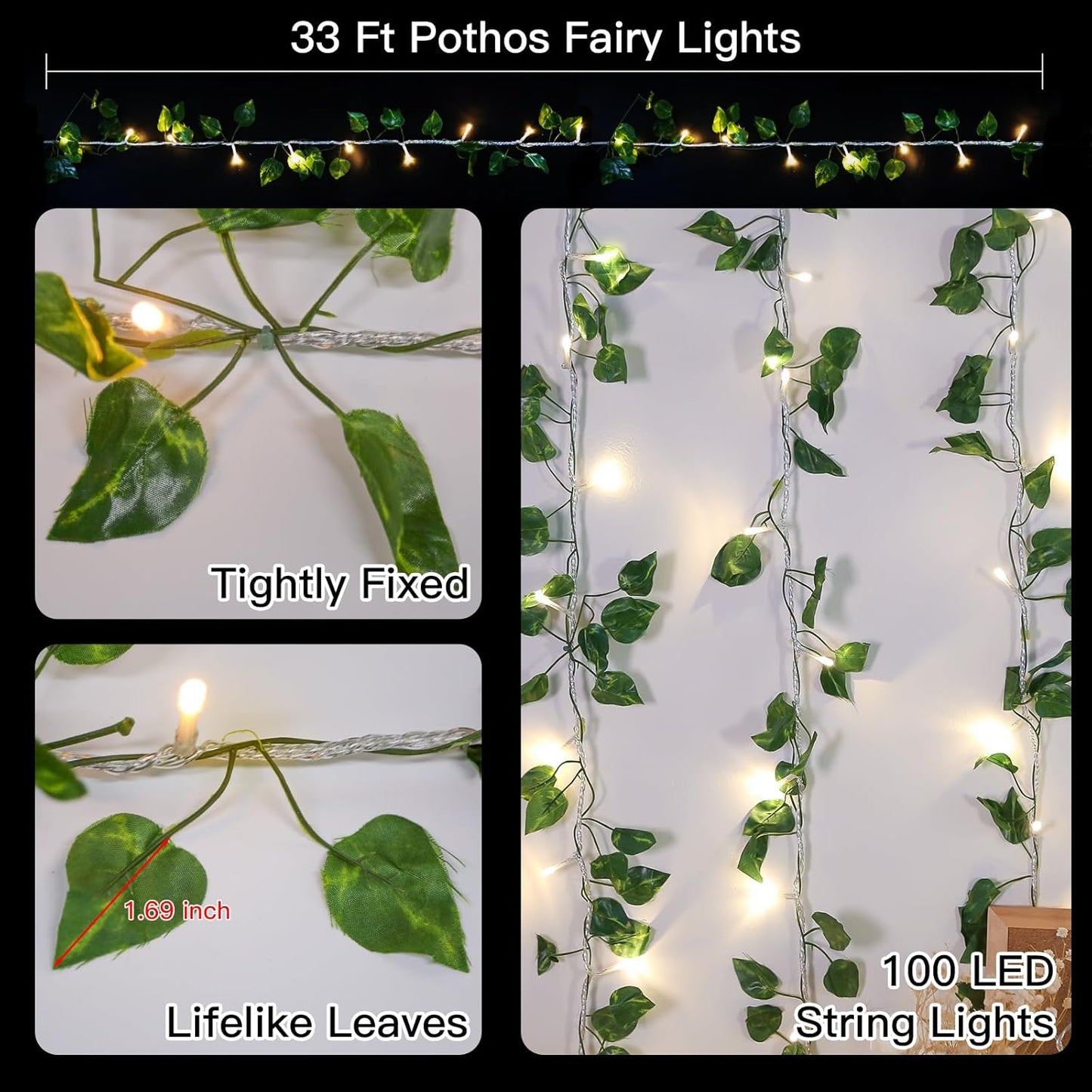 Suddus 33ft Pothos String Lights - 100 LED Fairy Lights with Remote for Bedroom, Garden, Party Decor (Warm White)