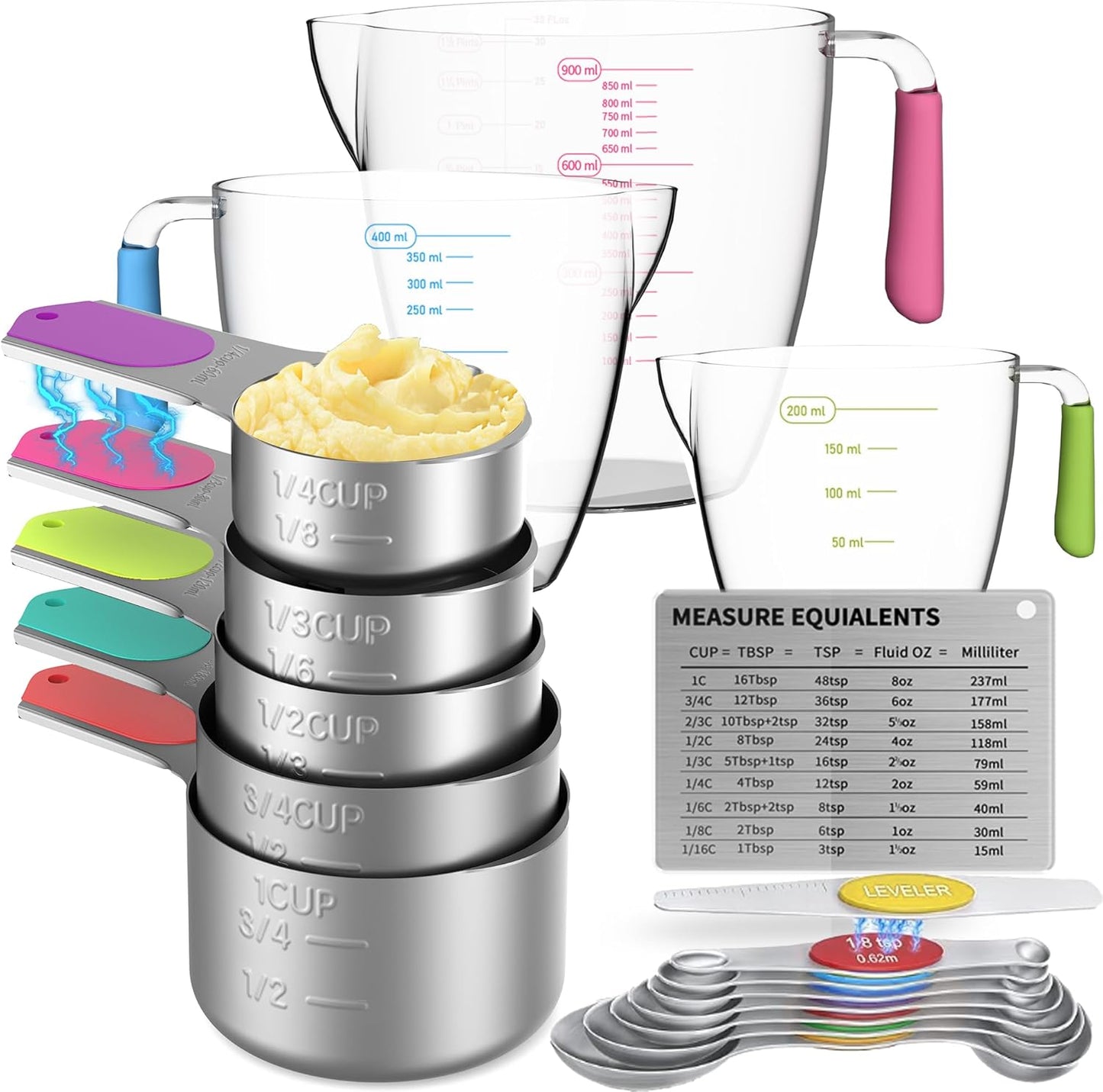 Skiennix Magnetic Measuring Cups & Spoons Set - 5 Stainless Steel Cups & 7 Magnetic Spoons