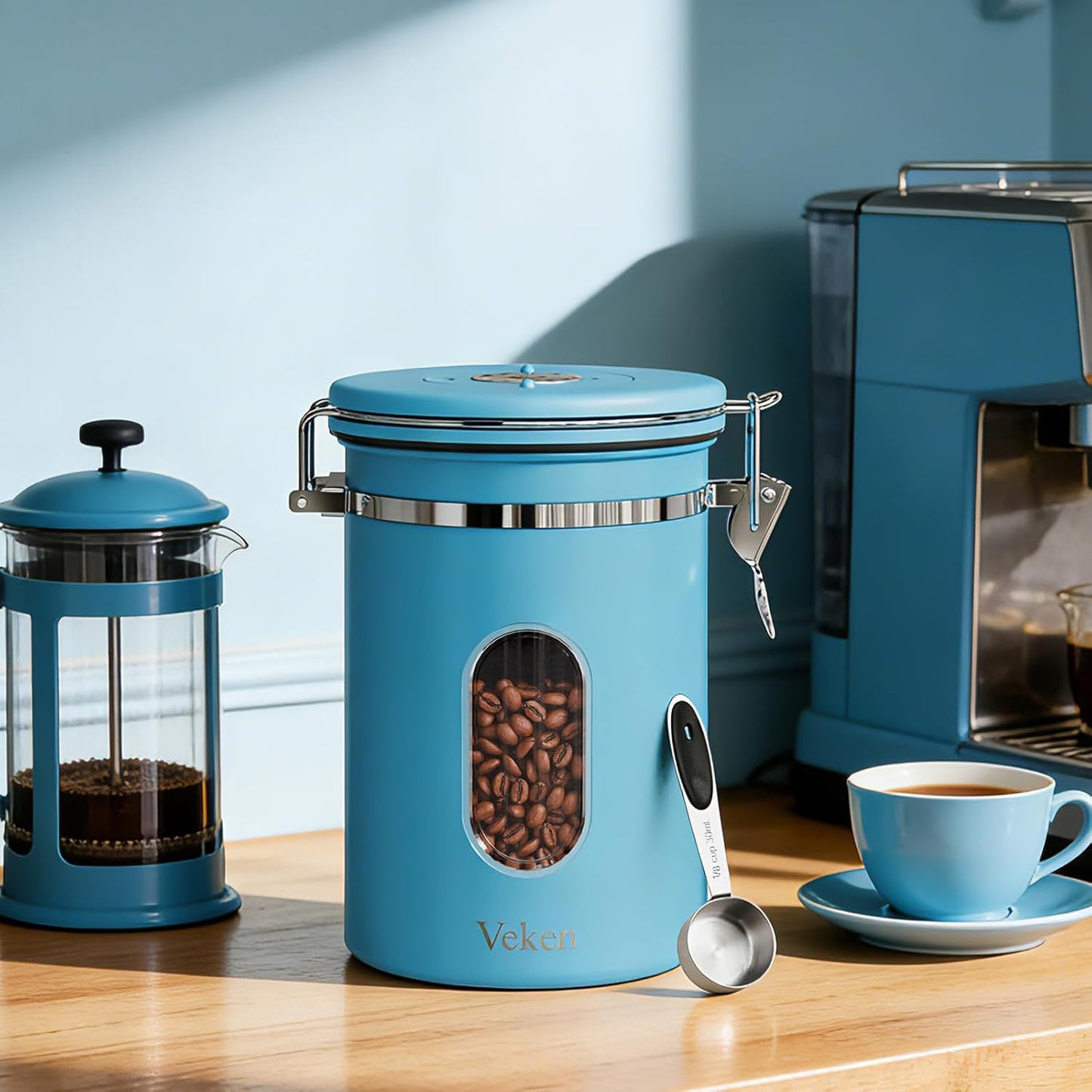 Veken Coffee Canister - Airtight Stainless Steel Container with Window | 22oz Blue for Grounds & Beans
