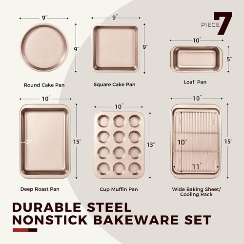 KITESSENSU Nonstick Baking Pans Set - 7-Piece Bakeware with Round, Square, Loaf, Muffin, Cookie & Roast Pans | Gold