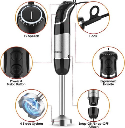 Blackcow Corded Immersion Blender - Stainless Steel Handheld Mixer with 12-Speed & Turbo for Smoothies, Soups, and Baby Food