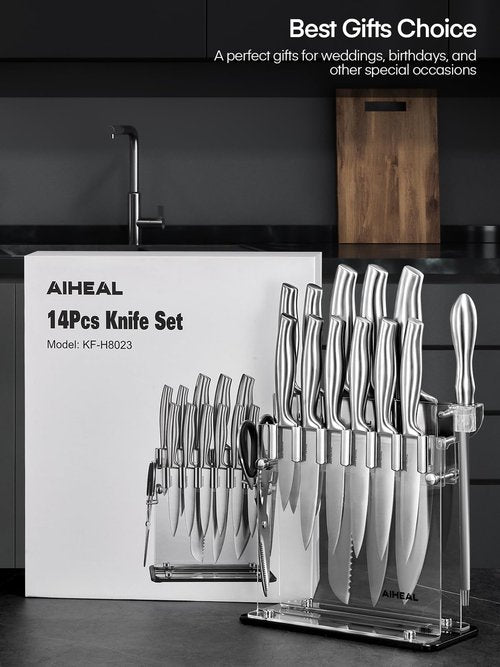 Knife Set, Aiheal 14PCS Kitchen Knife Set with Acrylic Knife Stand, No Rust and Super Sharp Knife Set Stainless Steel in One-Piece Design with Knife Sharpener for Kitchen, Include Steak Knives