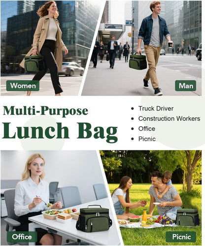 Skiennix Insulated Lunch Bag - 9L Leakproof Soft Cooler Tote with 5 Pockets | Adjustable Strap - Green