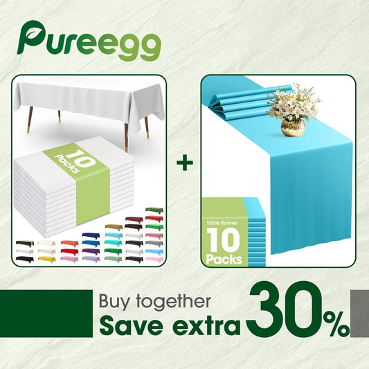 Pureegg Disposable Table Set - 10 Pack of 54''x108'' Tablecloths & 14''x108'' Runners, Leakproof & Stain-Resistant for Events