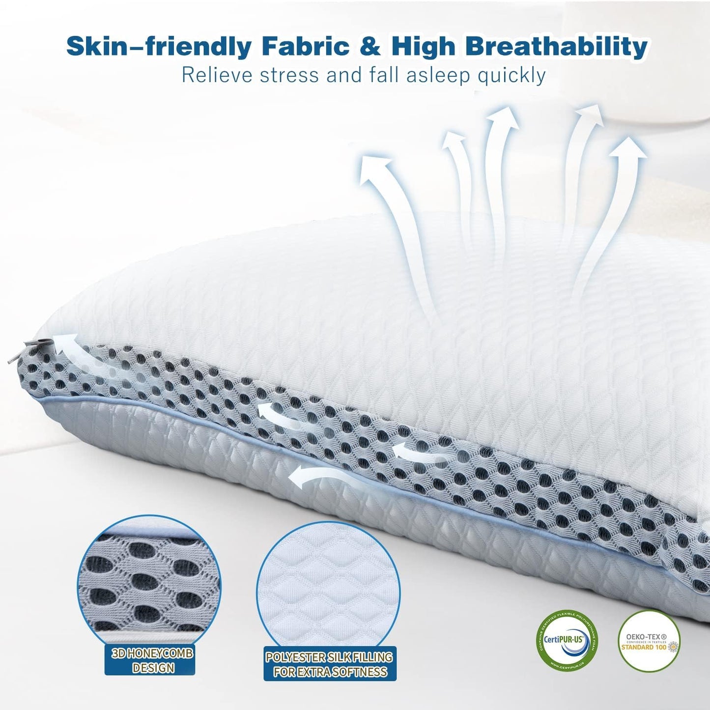 MASTERY MART Height Adjustable Gel Memory Foam Pillow, Firm Cooling Ventilated Neck Pillow for Neck Pain Relief, Back and Side Sleeper - 63x40cm