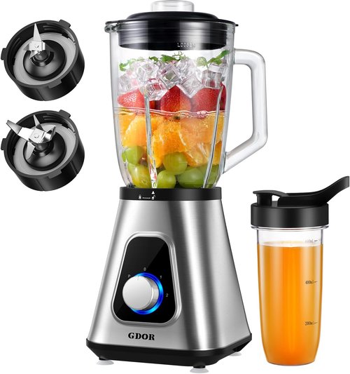 GDOR 1200W Blender - Smoothies & Shakes with 52 Oz Glass Jar & 22 Oz To-Go Cup | 6-Leaf Blade & Self-Cleaning