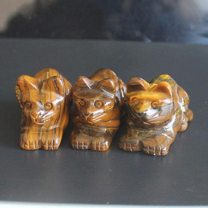Skiennix Hand Carved Mixed Gemstone Crystal Cat Figurine - Unique Iron Tiger Eye Design