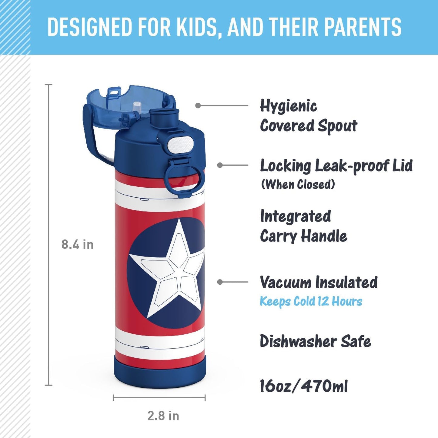 THERMOS FUNTAINER 16 Ounce Stainless Steel Insulated Bottle - Wide Spout Lid, Captain America Design