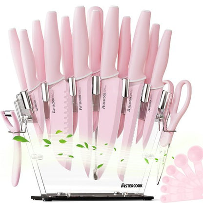 Astercook Kitchen Knife Set with Block and Sharpener 22 Piece German High Carbon Stainless Steel Knives Sharp Blade Dishwasher Safe Knife Set with Anti-slip Ergonomic Handle, Crystal Pink