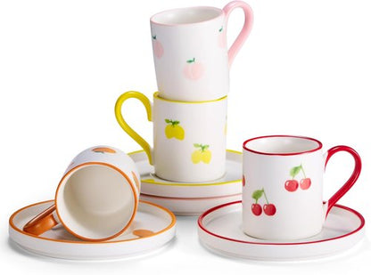 KooK Espresso Cups - Hand-Painted Porcelain Demitasse Set with Colorful Fruit Patterns | 3 oz, Set of 4