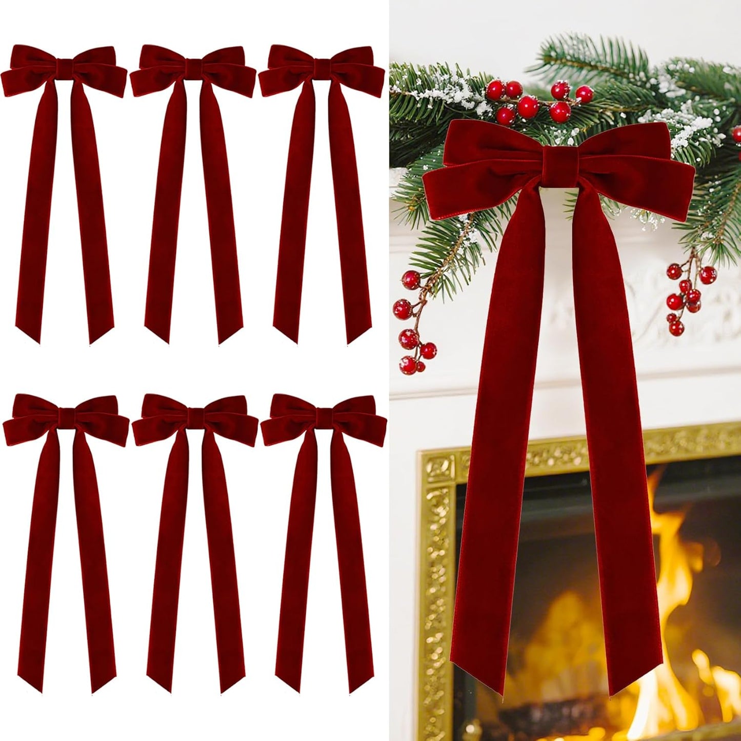 Senjie Velvet Christmas Bows - Large 20in Vintage Ribbon Bows for Staircase Garland & Wreath | 6-Pack Burgundy