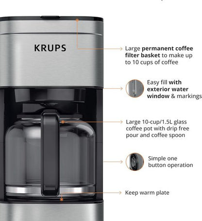 KRUPS Coffee Maker - 10-Cup Stainless Steel Drip Coffee Maker | Drip-Free, Dishwasher Safe, 900 Watts