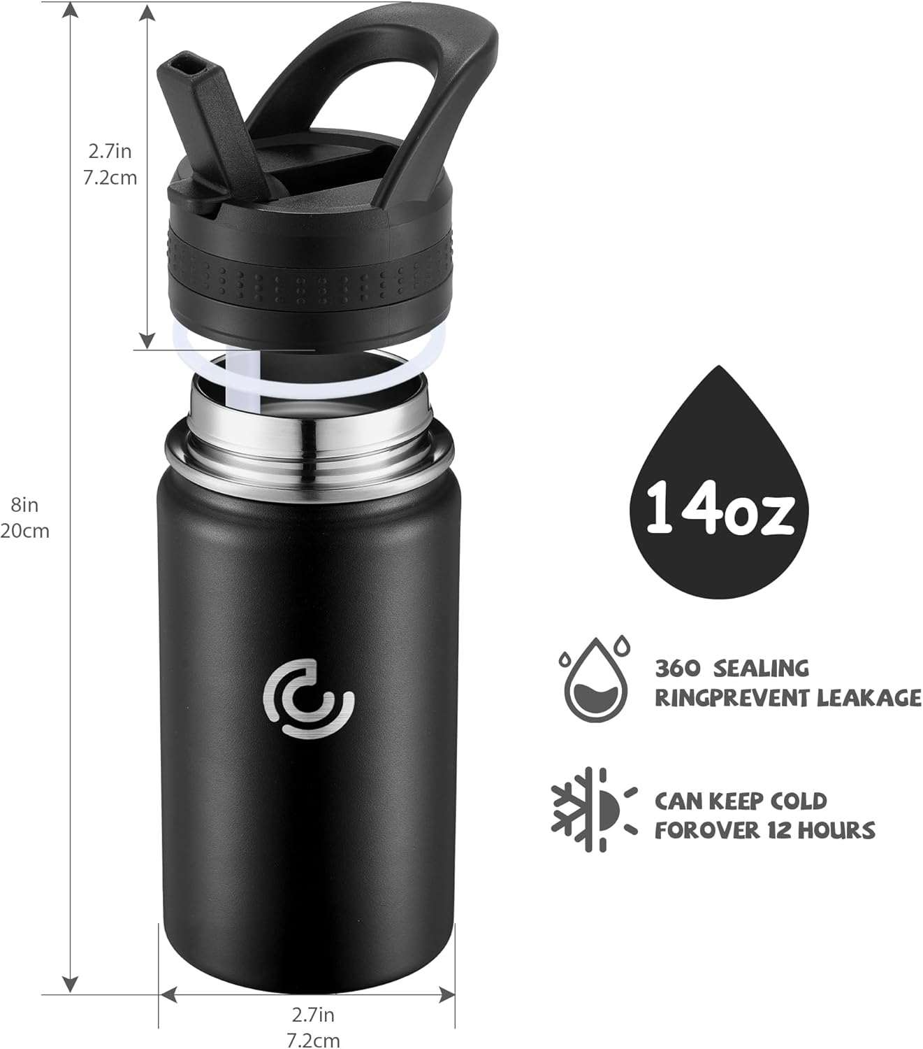 Skiennix Stainless Steel Kids Water Bottle - Insulated, Leak-Proof, BPA-Free | 14 Oz, Black