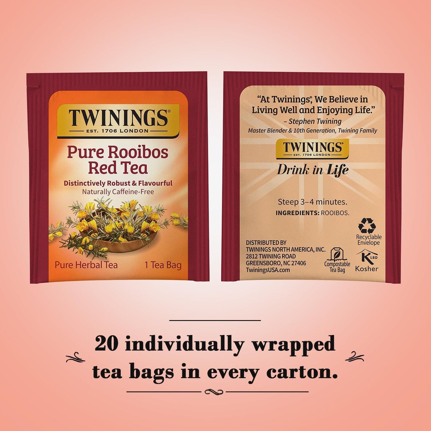Twinings Rooibos Red Tea - Naturally Sweet & Tangy Herbal Tea Bags, Caffeine-Free, 20 Count (Pack of 2)
