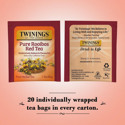 Twinings Rooibos Red Tea - Naturally Sweet & Tangy Herbal Tea Bags, Caffeine-Free, 20 Count (Pack of 2)