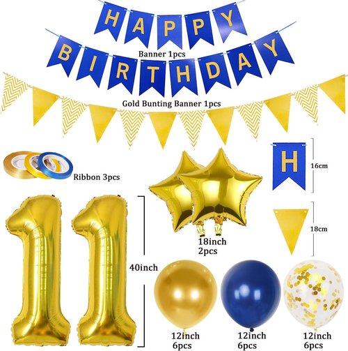 11th Birthday Decorations by [Brand Name] - Navy Blue & Gold Balloons with 40-Inch Number 11 Foil | Happy Birthday Banner