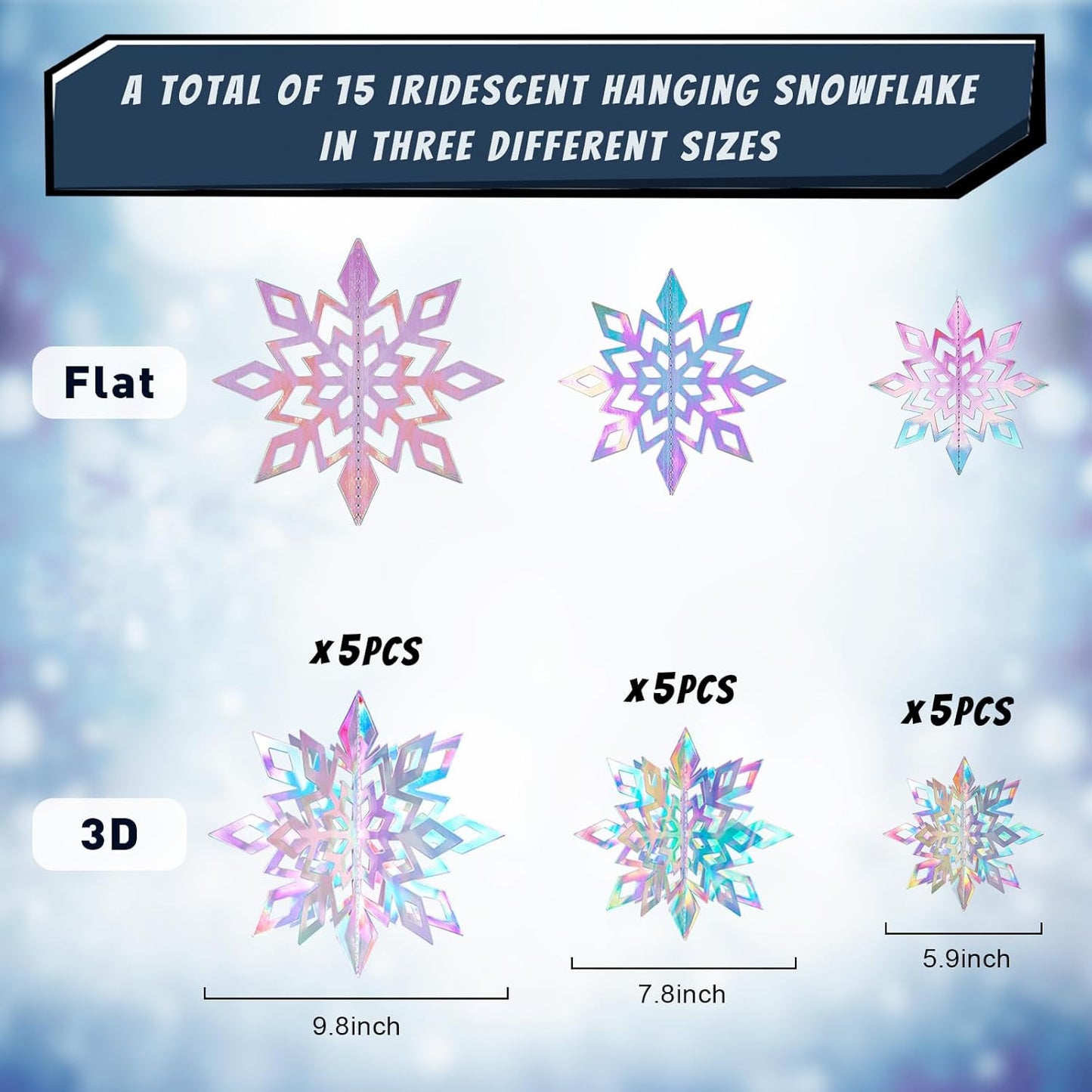 Skiennix 15PCS Christmas Hanging Snowflakes - 3D Iridescent Paper Ornaments for Winter Decor