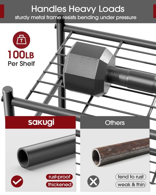 Sakugi Storage Shelves - 5-Tier Large Capacity Shelf Organizer with Hooks, Heavy-Duty Garage Shelving with Leveling Feet, Wobble-Free Rack for Bedroom, Balcony, Garage, 18.1"×12.4"×56.8", Black